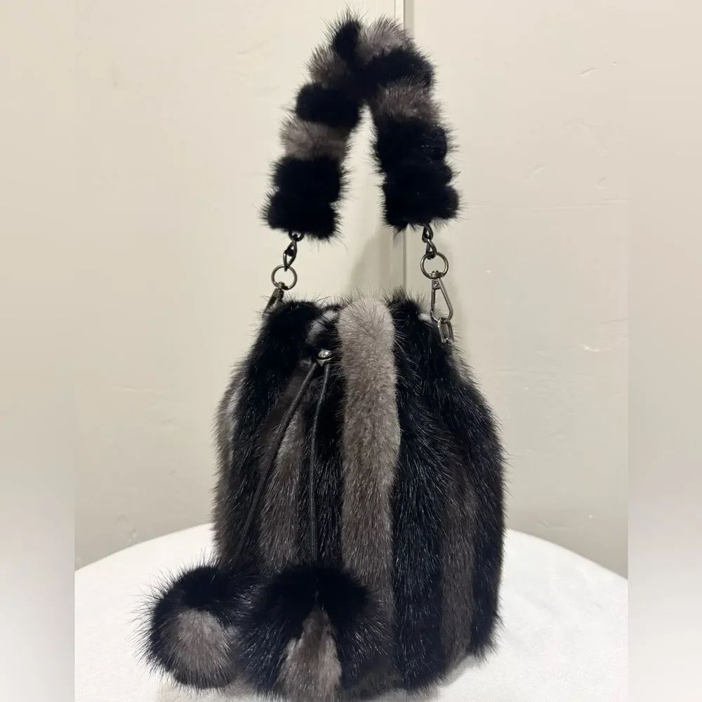 Colorblock Luxury Real Mink Fur Handmade Drawstring Bucket Bag, Crossbody
